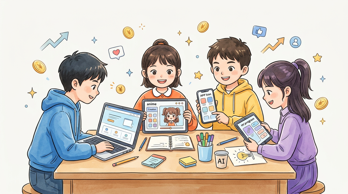 孩子们围坐在桌前，用AI创作网站、动漫、APP和小程序